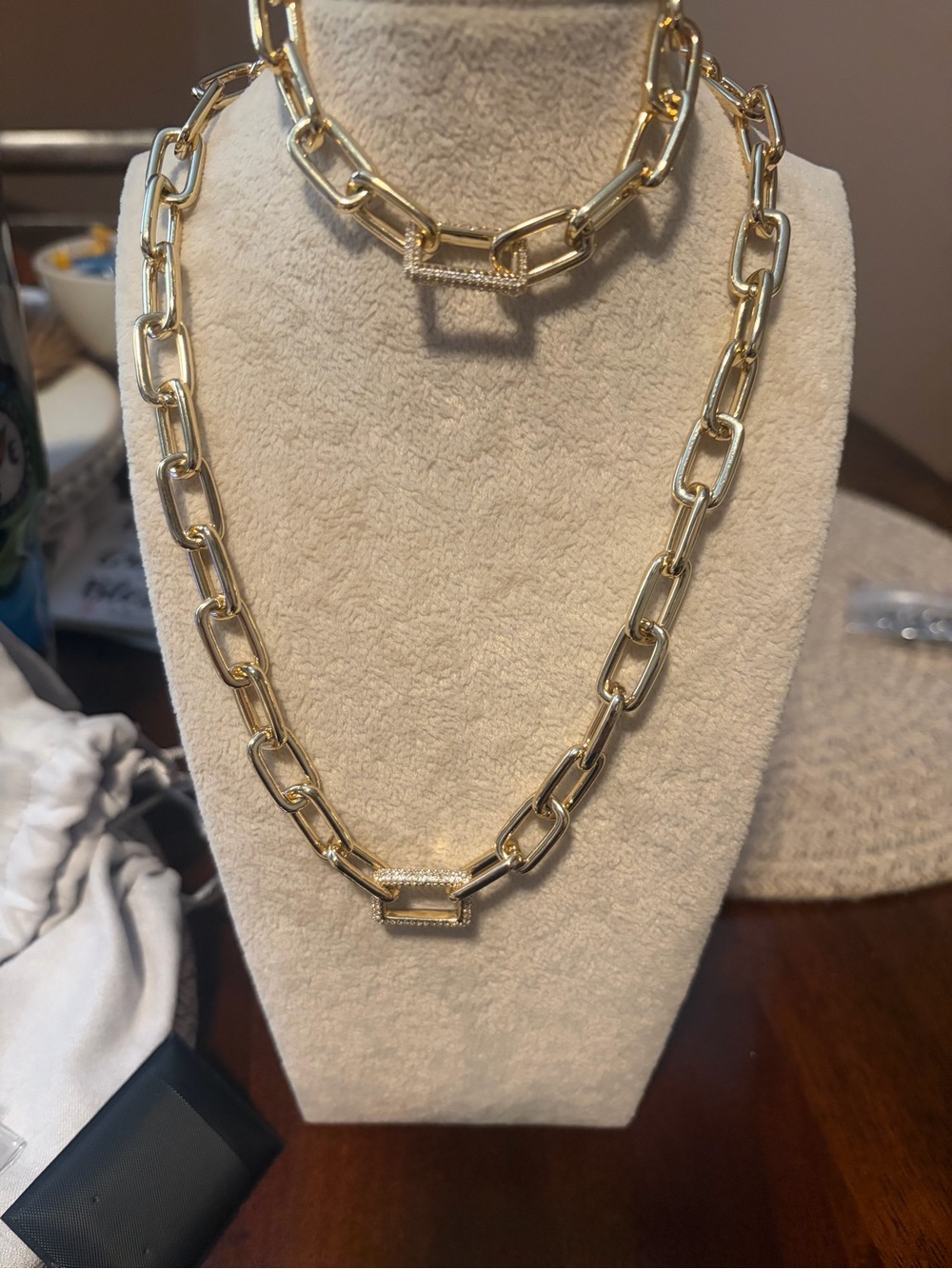 Gold Chain Link Necklace and Bracelet Set with Pave Rectangle Accent - Picture 4 of 5